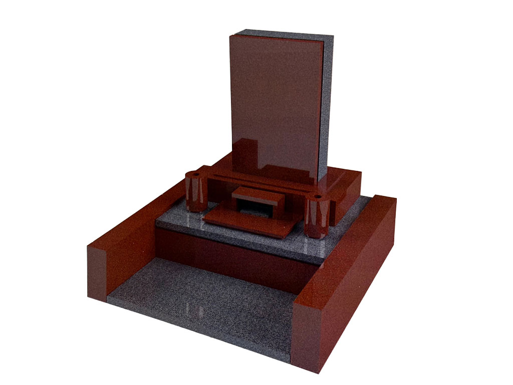 シンプル直立プレートの洋墓
赤御影石×グレー石
囲い付きデザイン墓石